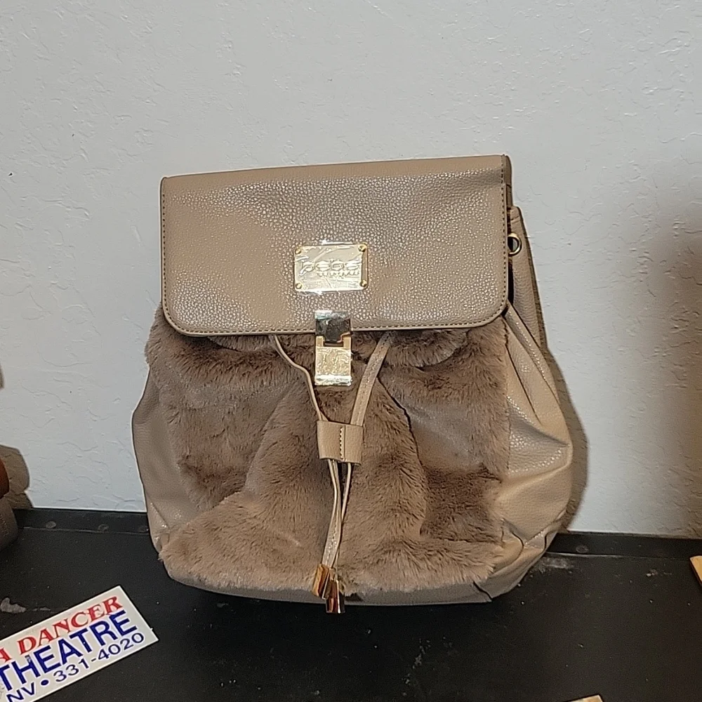 BEBE Dorothea Backpack Taupe Fuax Fur